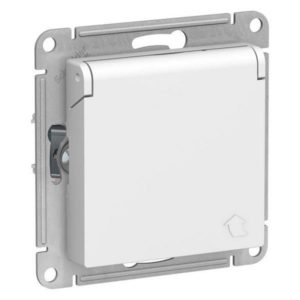 Механизм розетки ATLAS DESIGN СП 1-м с/з защ. шторки с крышкой 16А бел. IP20