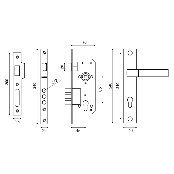 Замок врезной цилиндр/защелка/ручка KIT P90 4585/3 ORION SN/CP мат.никель/хром Punto — изображение 2