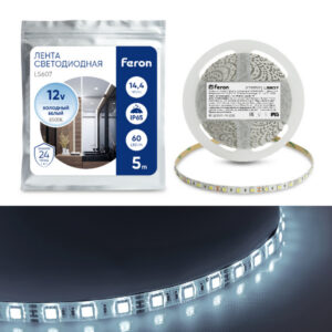 Лента СД Feron LS607, 60SMD(5050)/m 14.4W/m 12V IP65 5m 6500К / У0011331